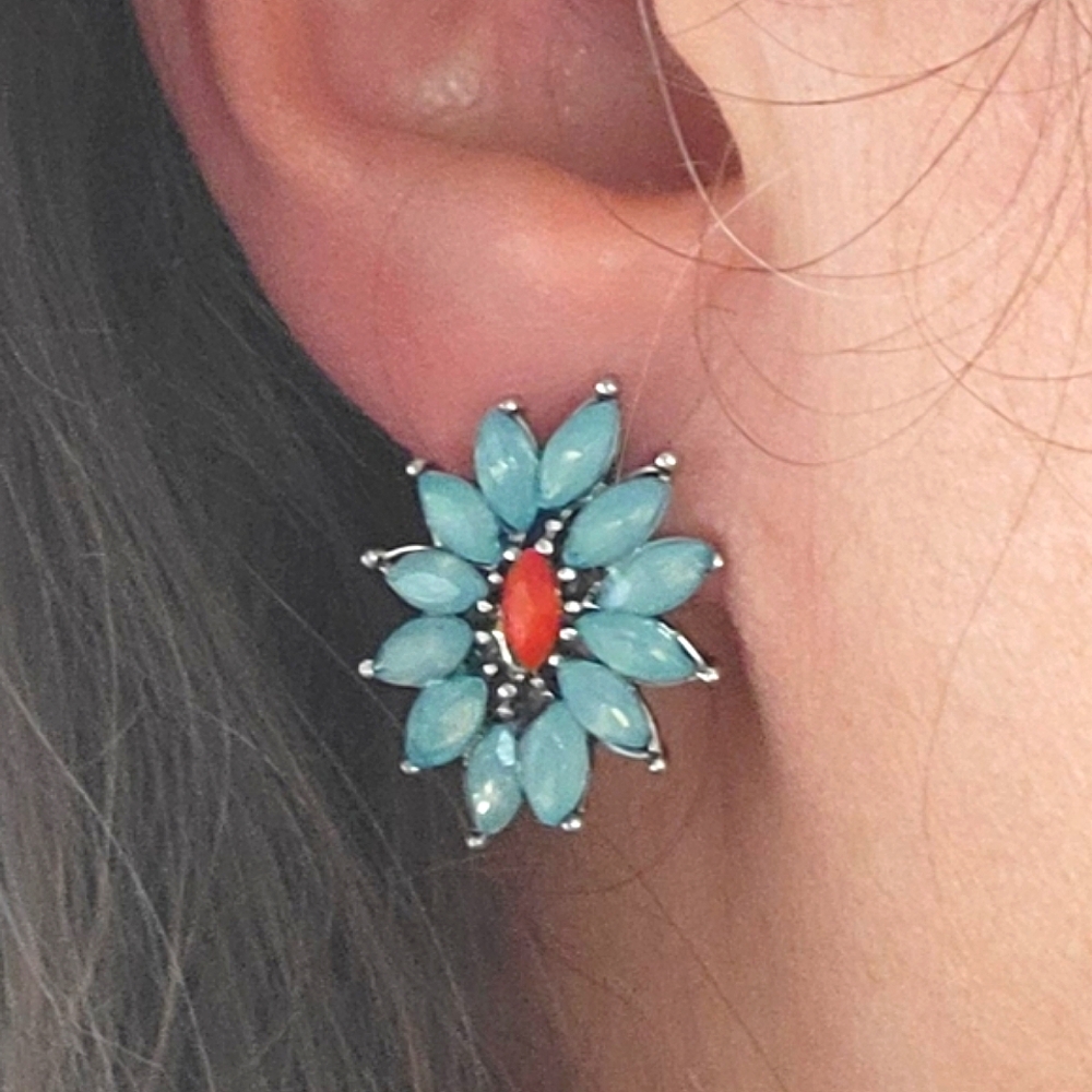 Elegant Blue and Red/Coral Floral Earrings